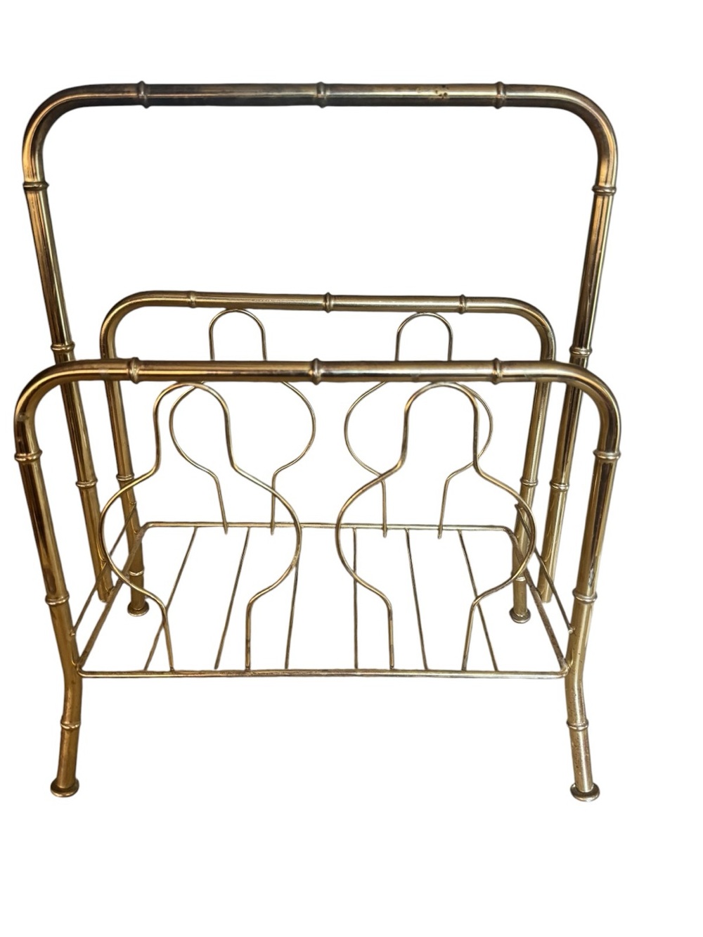 Vtg MCM Hollywood Regency Brass Magazine Rack Faux Bamboo Metal Gold